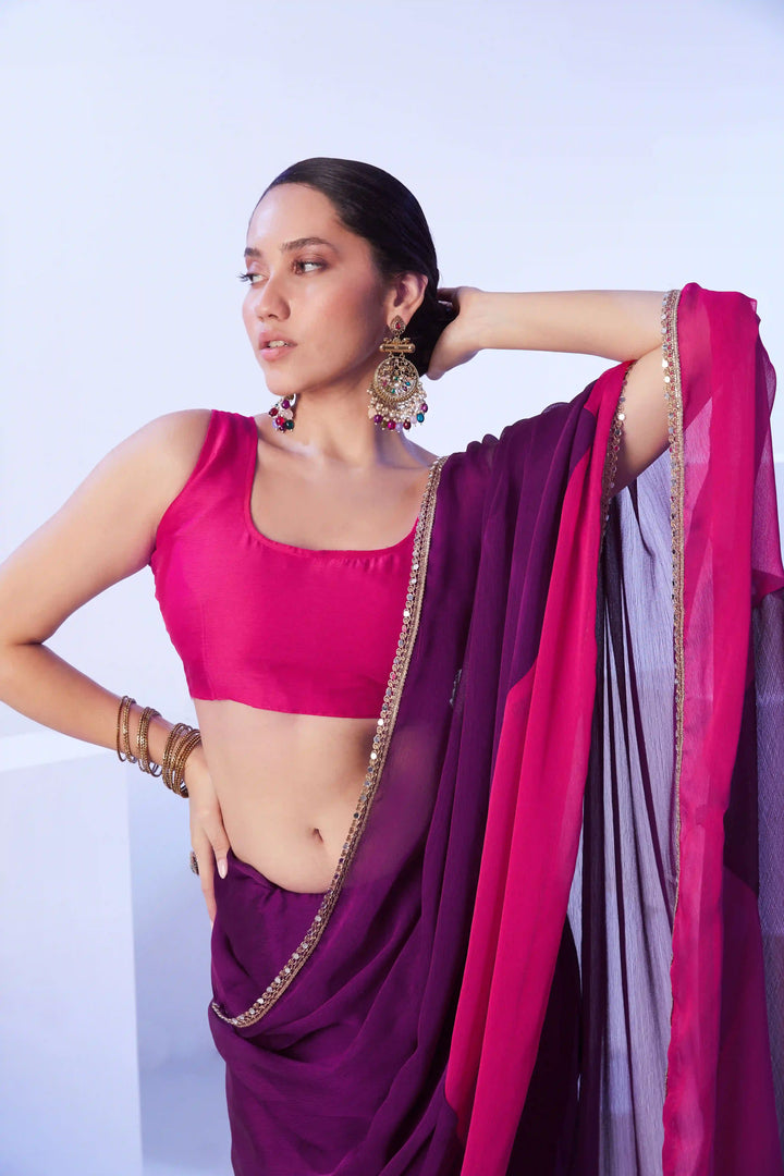 Dark Purple Satin Moss Saree | Art Silk Blouse Designer Wear