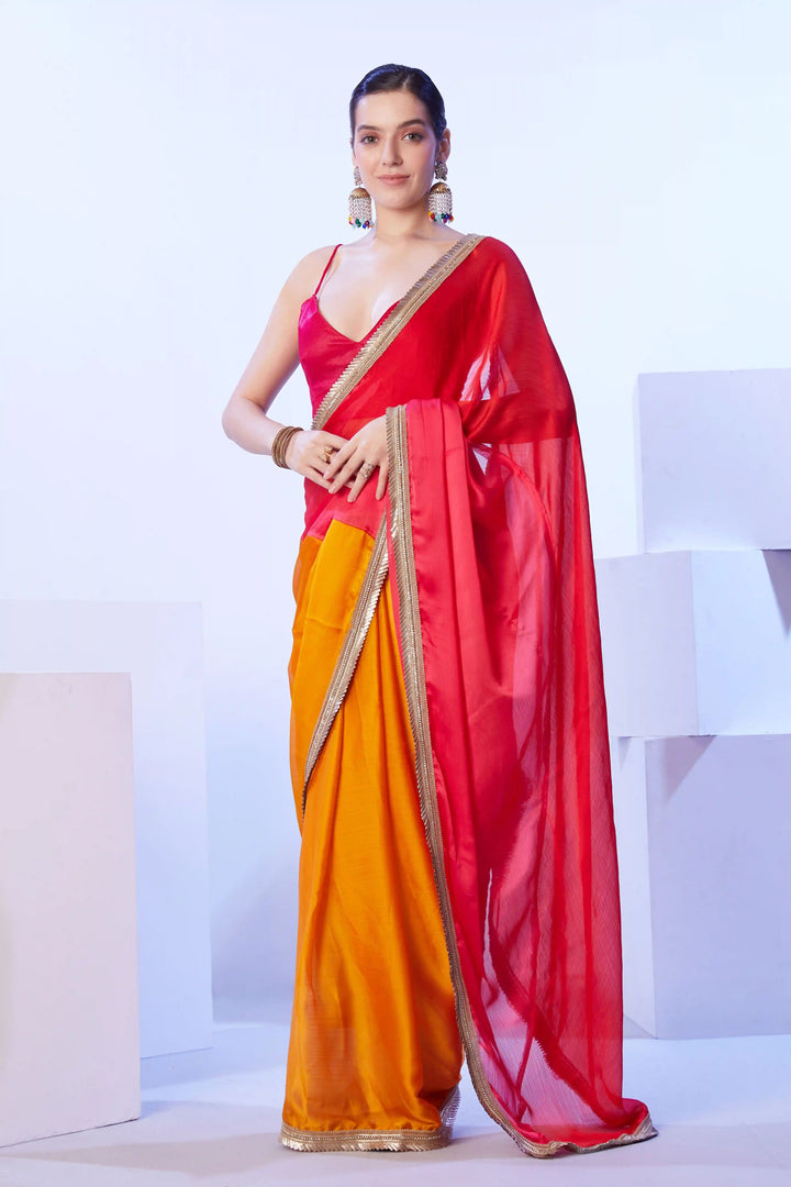 Red Satin Moss Saree | Art Silk Blouse Designer Lace Work for Weddings