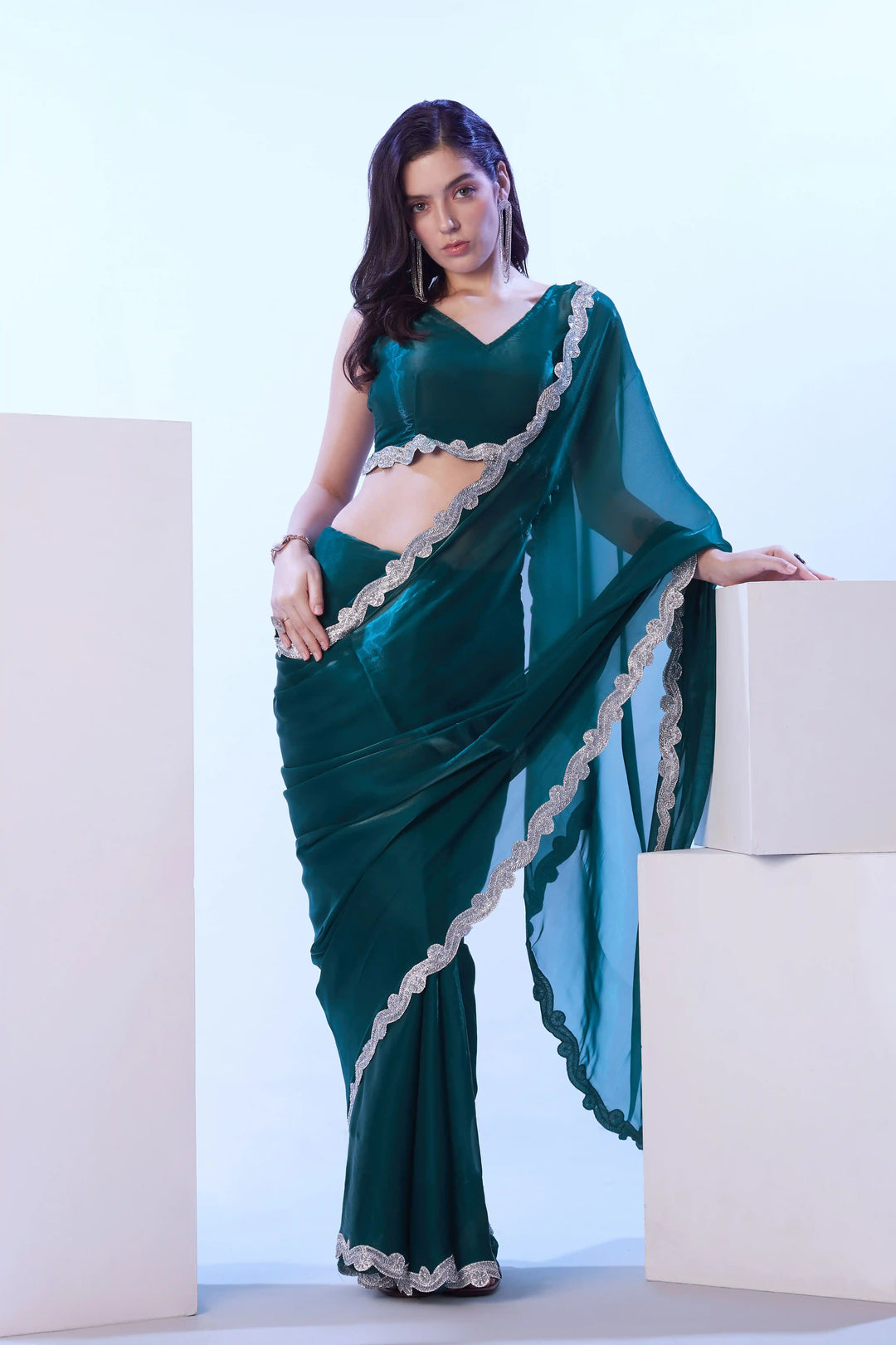 Teal Blue Satin Jimmy Choo Saree | Art Silk Blouse Stylish Party Outfit