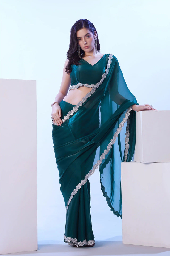 Teal Blue Satin Jimmy Choo Saree | Art Silk Blouse Stylish Party Outfit