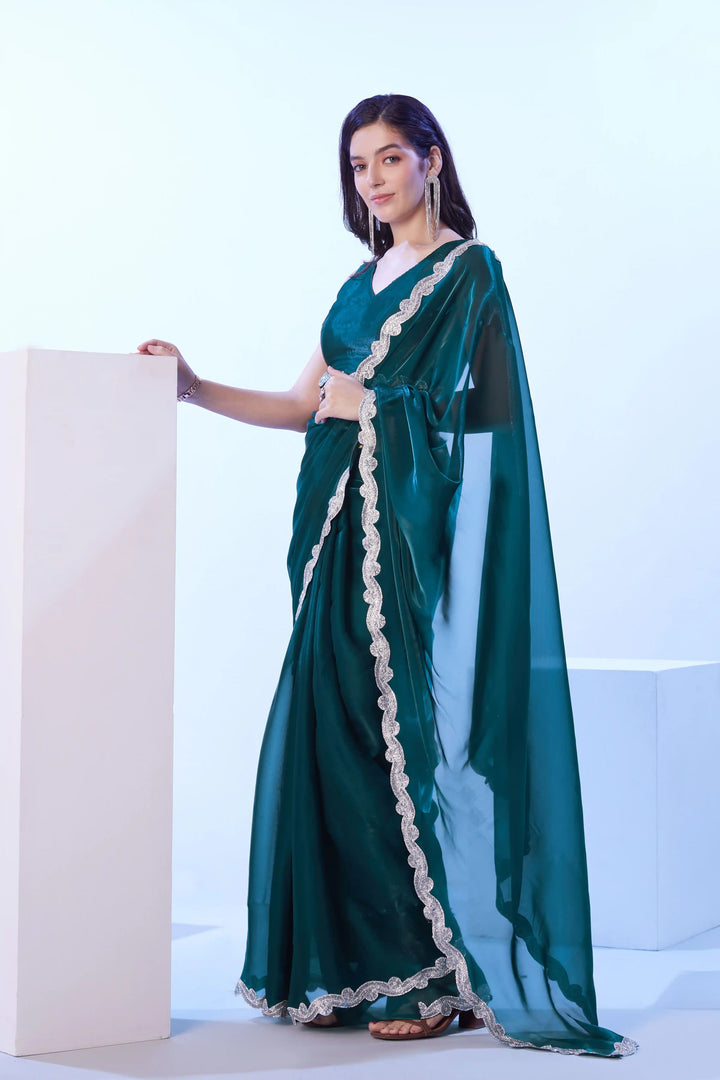 Teal Blue Satin Jimmy Choo Saree | Art Silk Blouse Stylish Party Outfit