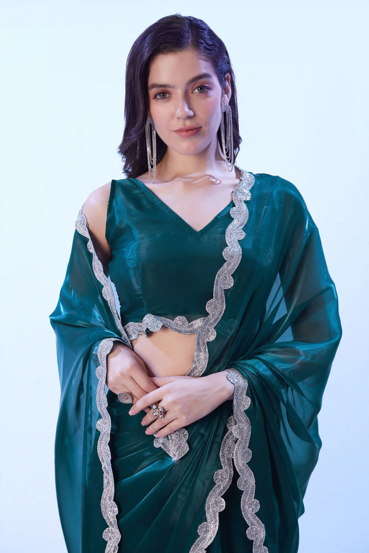 Teal Blue Satin Jimmy Choo Saree | Art Silk Blouse Stylish Party Outfit