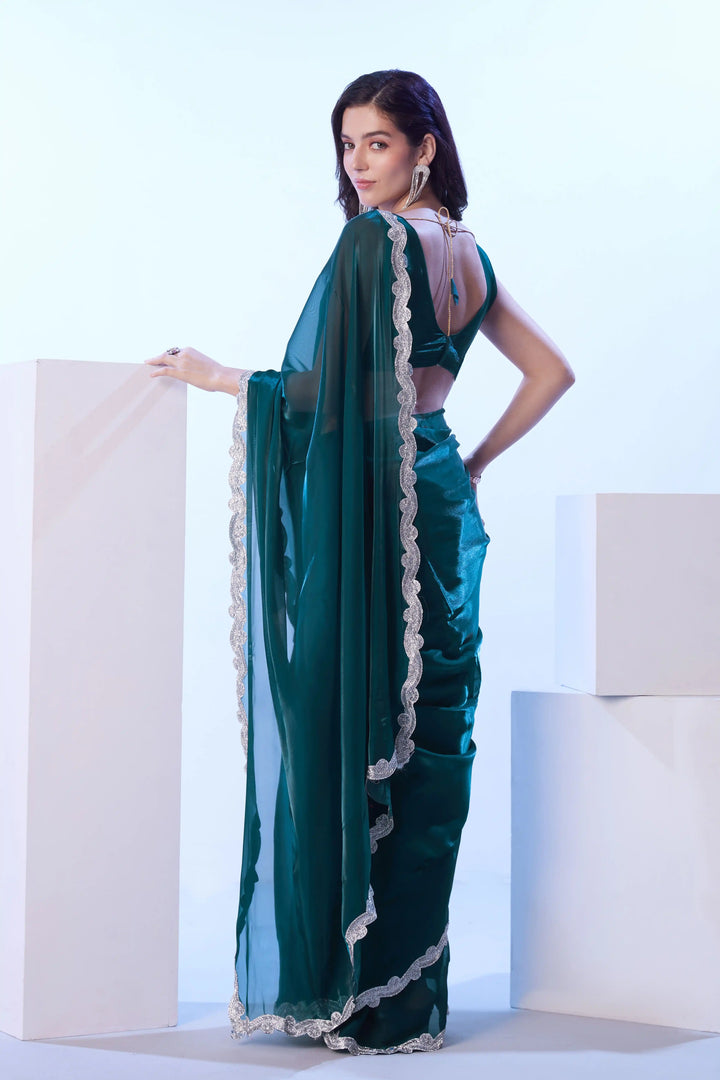 Teal Blue Satin Jimmy Choo Saree | Art Silk Blouse Stylish Party Outfit