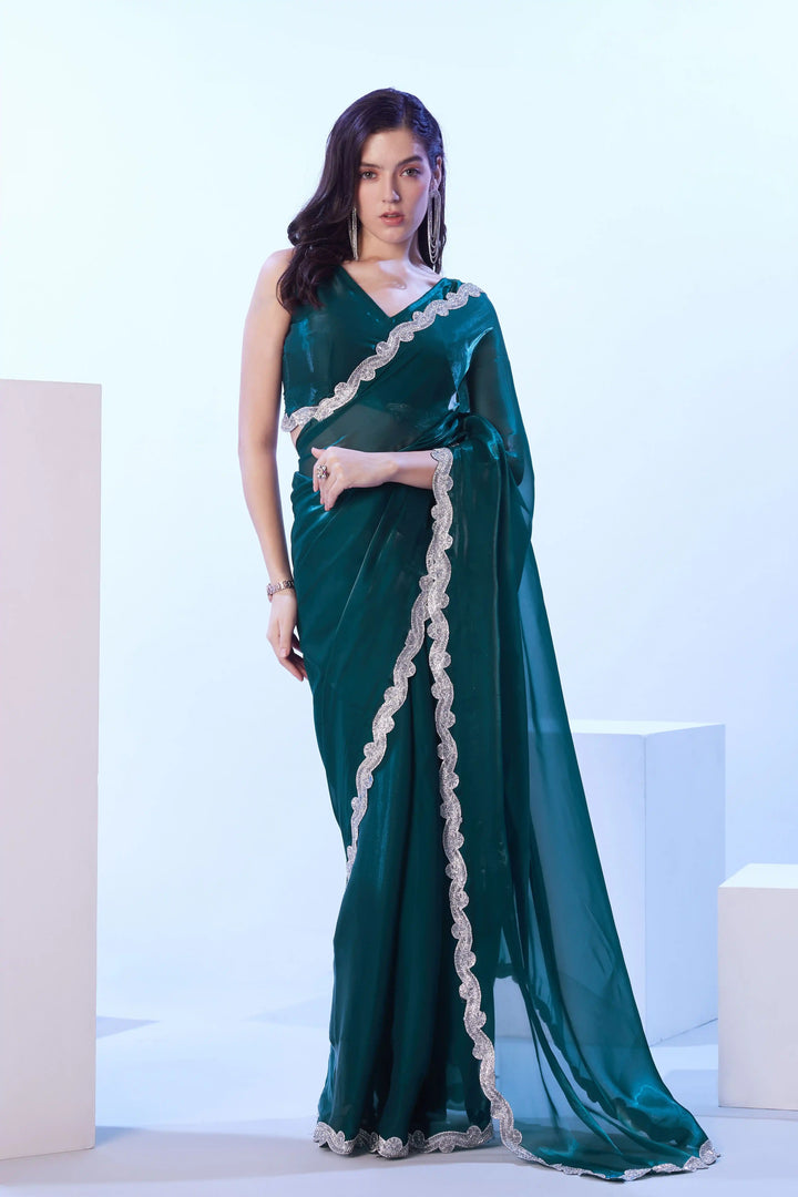 Teal Blue Satin Jimmy Choo Saree | Art Silk Blouse Stylish Party Outfit