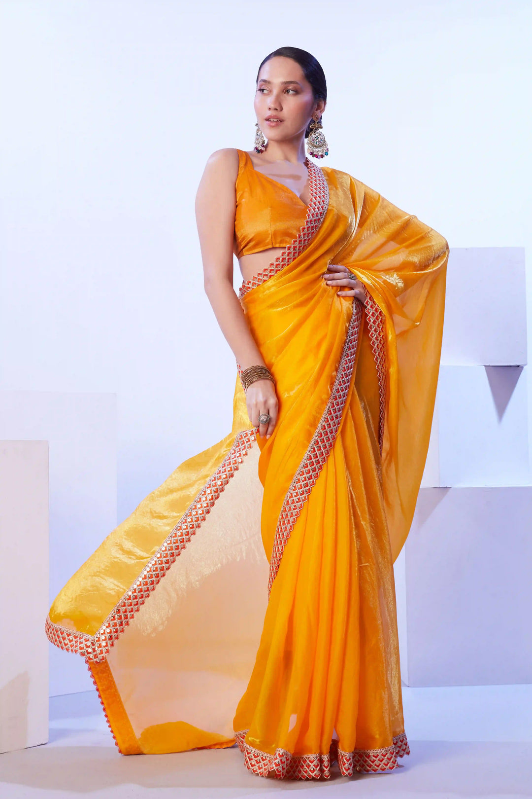 Deep Yellow Satin Jimmy Choo Saree | Art Silk Blouse Festive Look