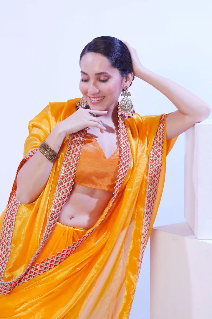 Deep Yellow Satin Jimmy Choo Saree | Art Silk Blouse Festive Look