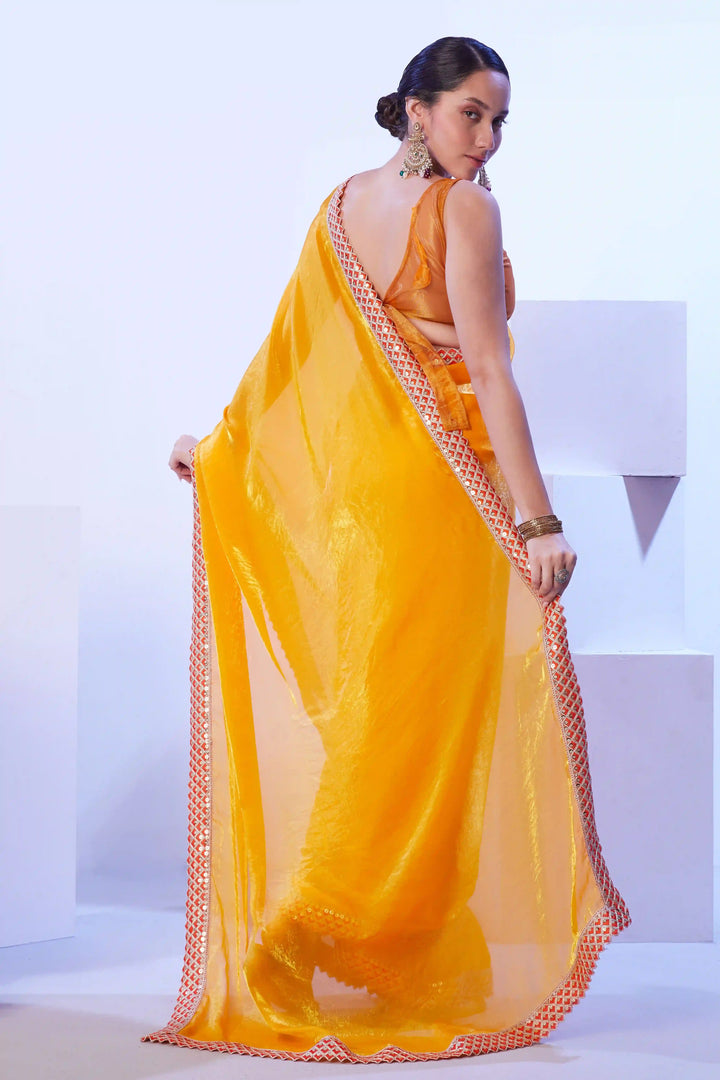 Deep Yellow Satin Jimmy Choo Saree | Art Silk Blouse Festive Look