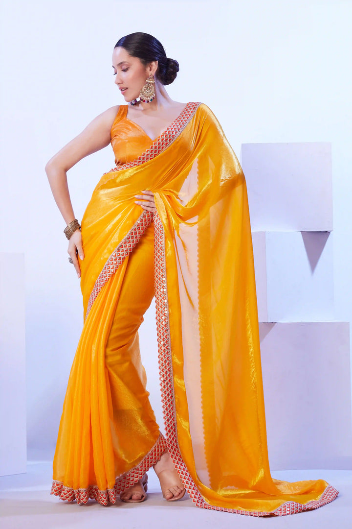 Deep Yellow Satin Jimmy Choo Saree | Art Silk Blouse Festive Look