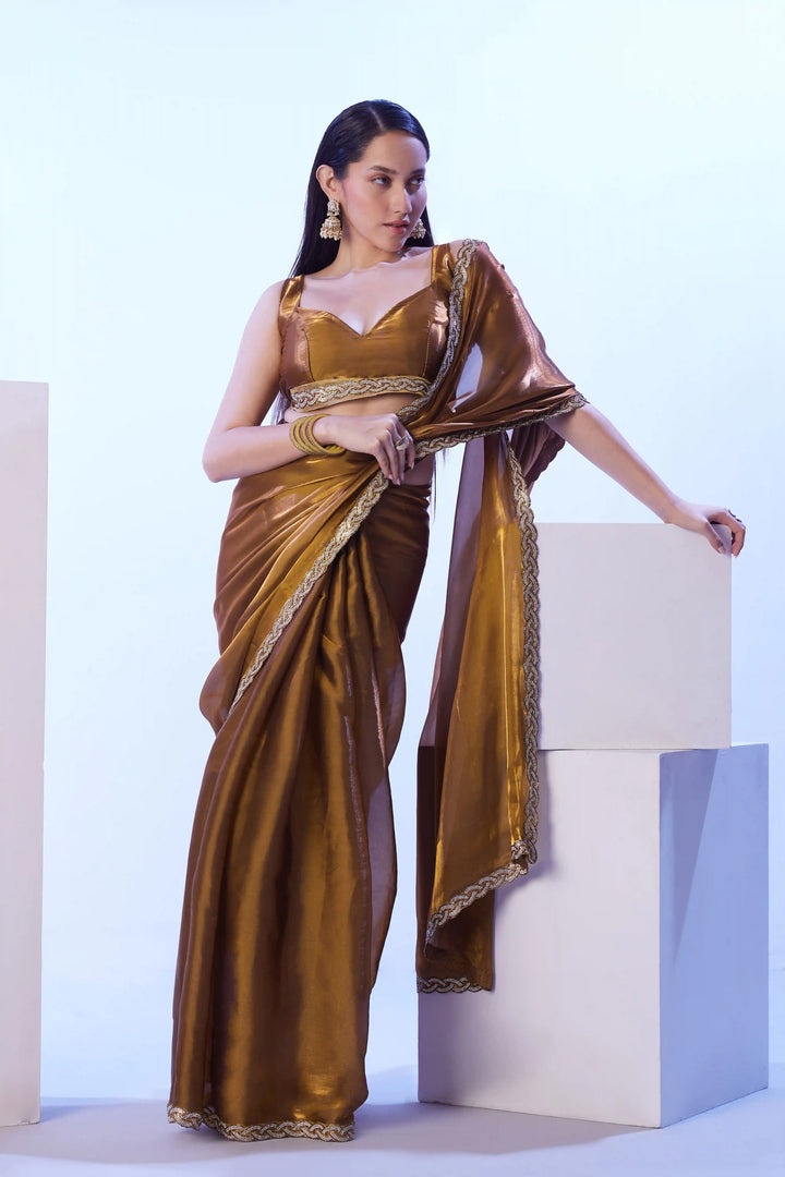 Solid Designer Gold Saree | Satin Fabric Wedding & Festive Look