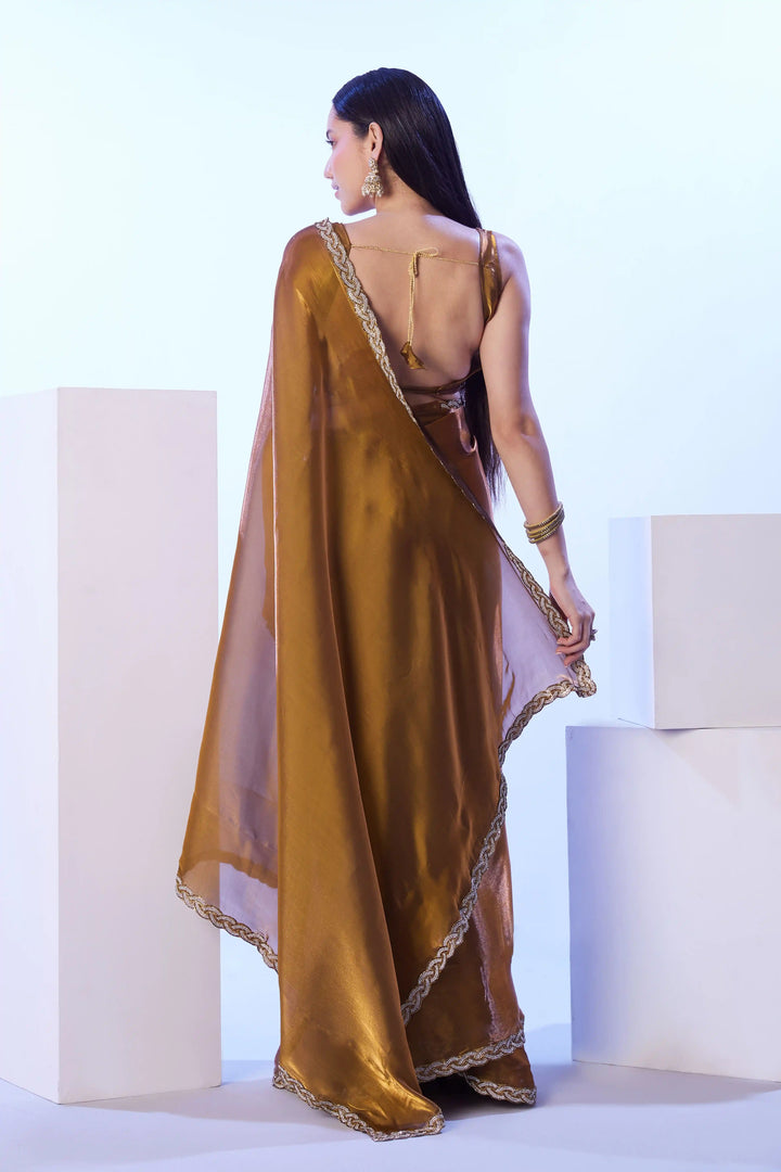 Solid Designer Gold Saree | Satin Fabric Wedding & Festive Look
