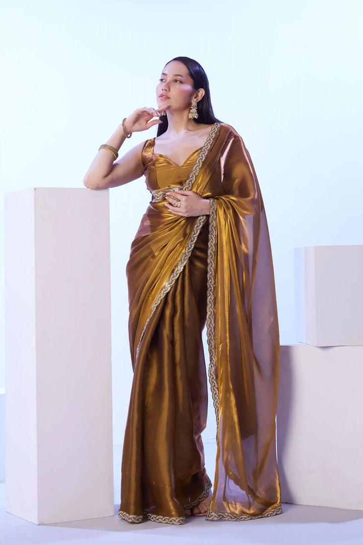 Solid Designer Gold Saree | Satin Fabric Wedding & Festive Look