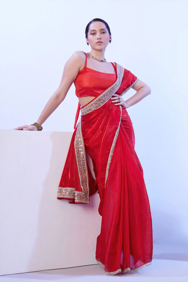Red Satin Saree Art Silk Blouse | Elegant Lace Border Party Wear Look