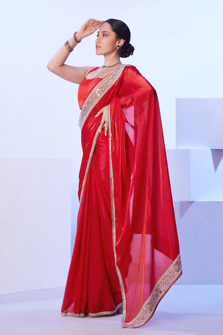 Red Satin Saree Art Silk Blouse | Elegant Lace Border Party Wear Look