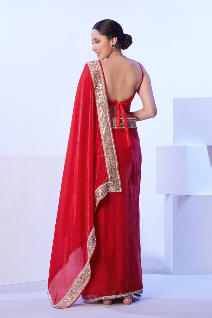 Red Satin Saree Art Silk Blouse | Elegant Lace Border Party Wear Look