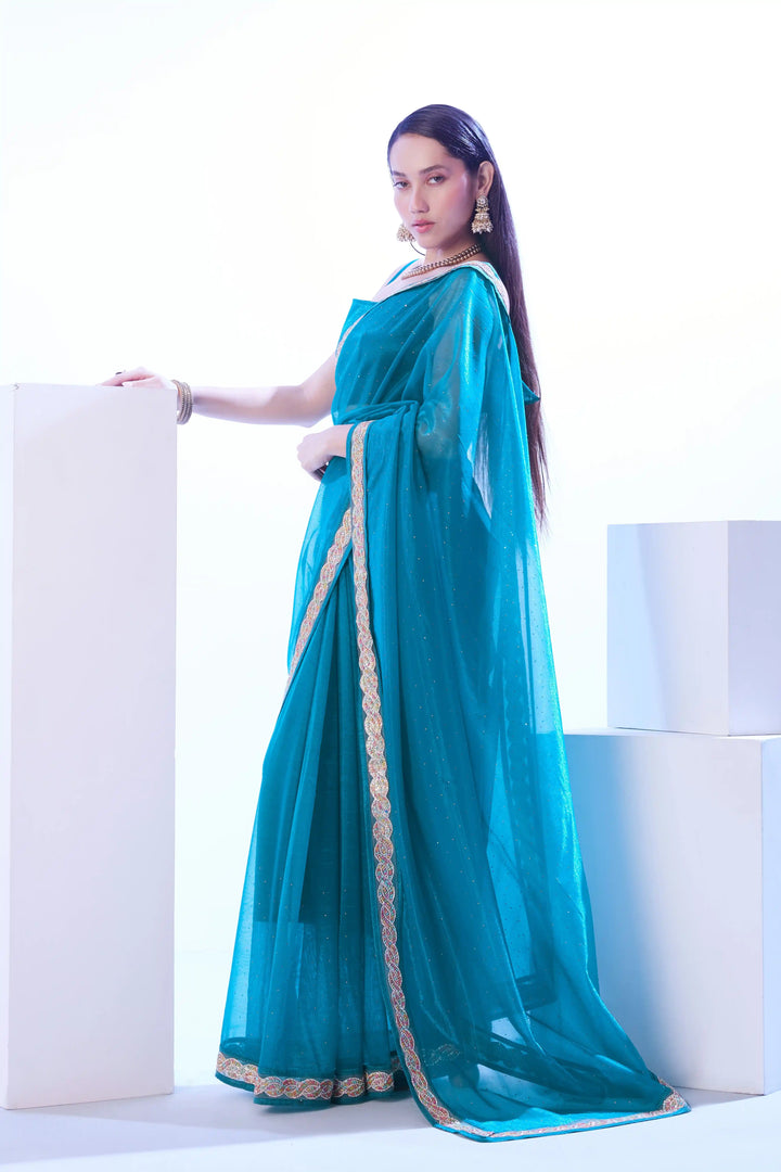 Designer Sea Blue Saree | C/H Net Fabric Wedding & Festive Look