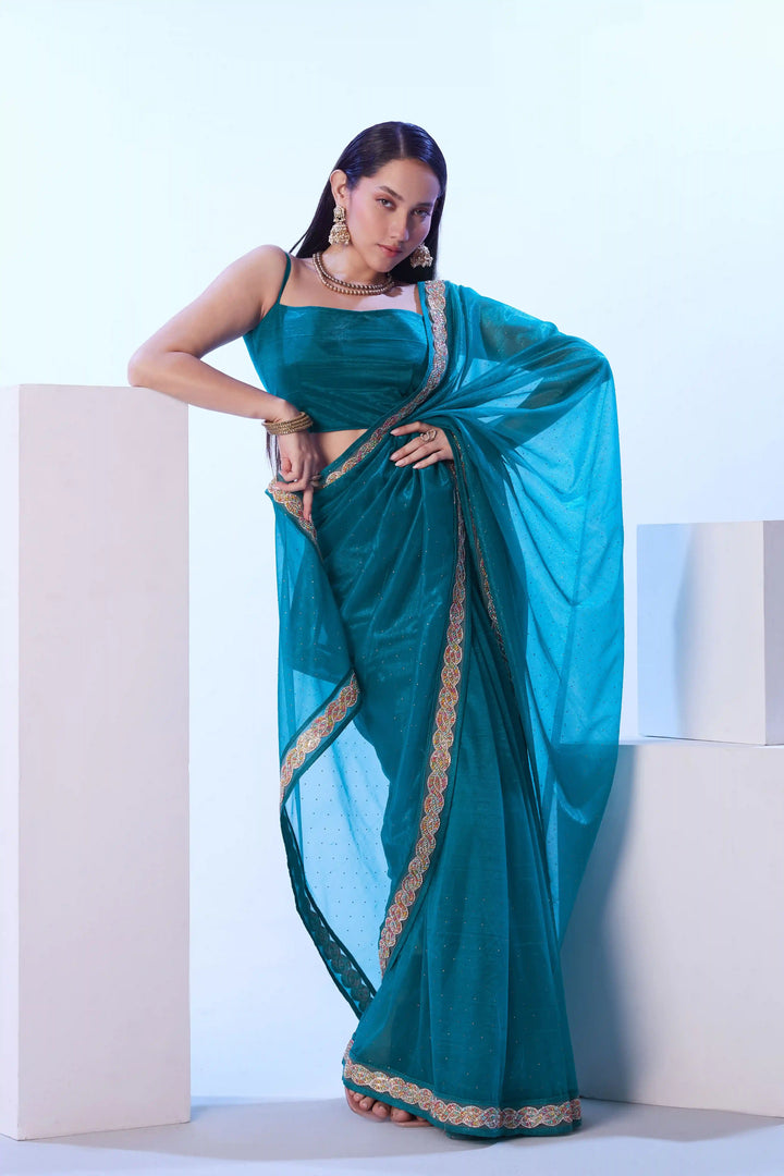 Designer Sea Blue Saree | C/H Net Fabric Wedding & Festive Look