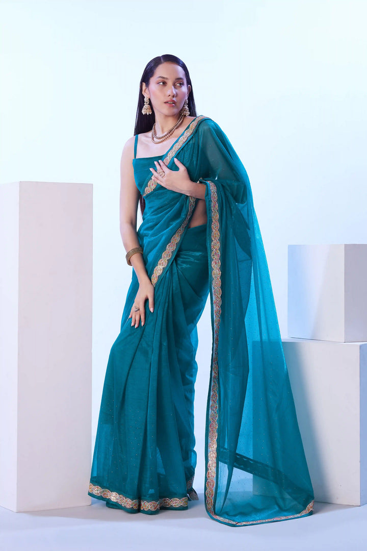 Designer Sea Blue Saree | C/H Net Fabric Wedding & Festive Look