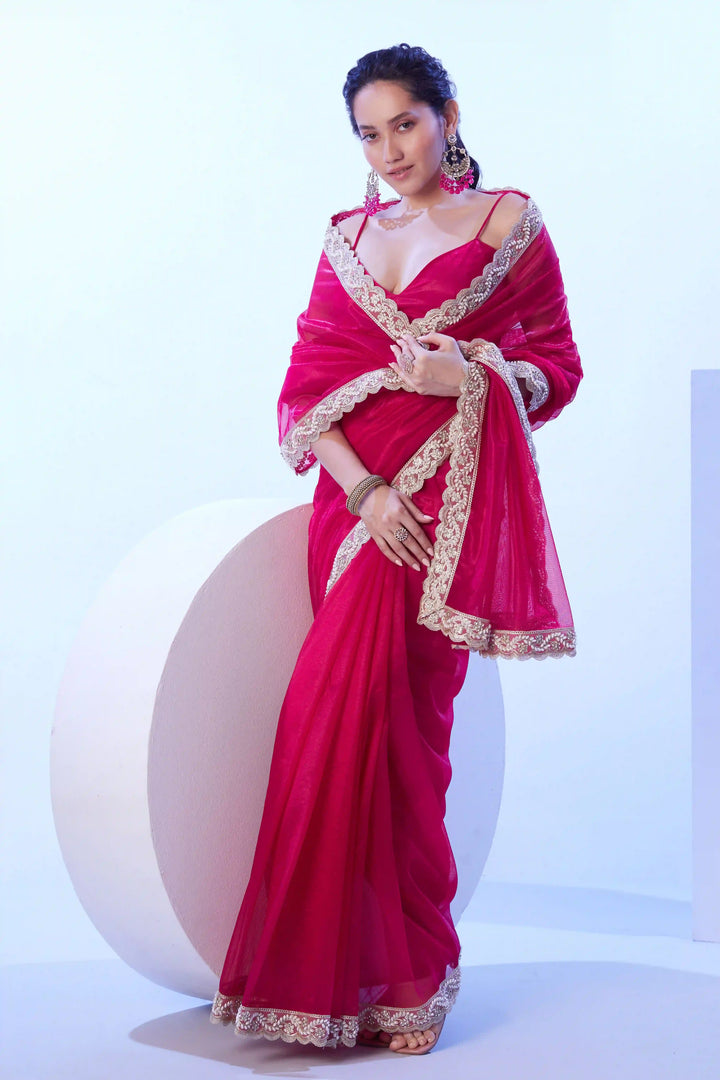 Elegant Rani Pink Saree | C/H Net & Art Silk Lace & Solid Designer Look