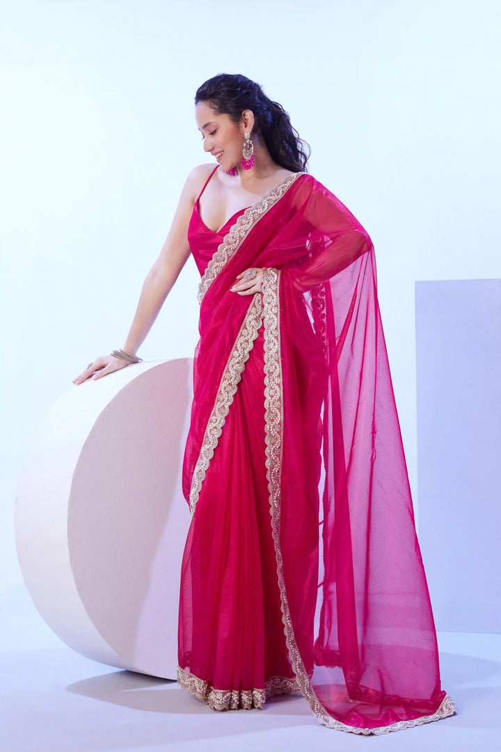 Elegant Rani Pink Saree | C/H Net & Art Silk Lace & Solid Designer Look