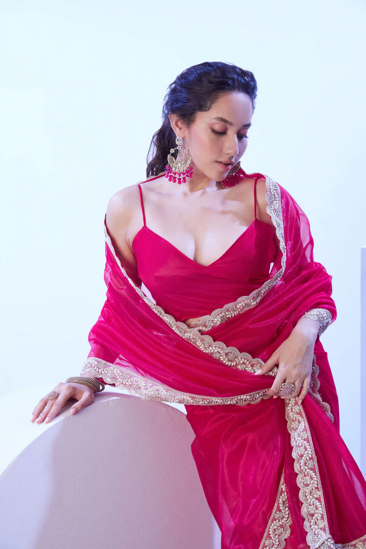 Elegant Rani Pink Saree | C/H Net & Art Silk Lace & Solid Designer Look