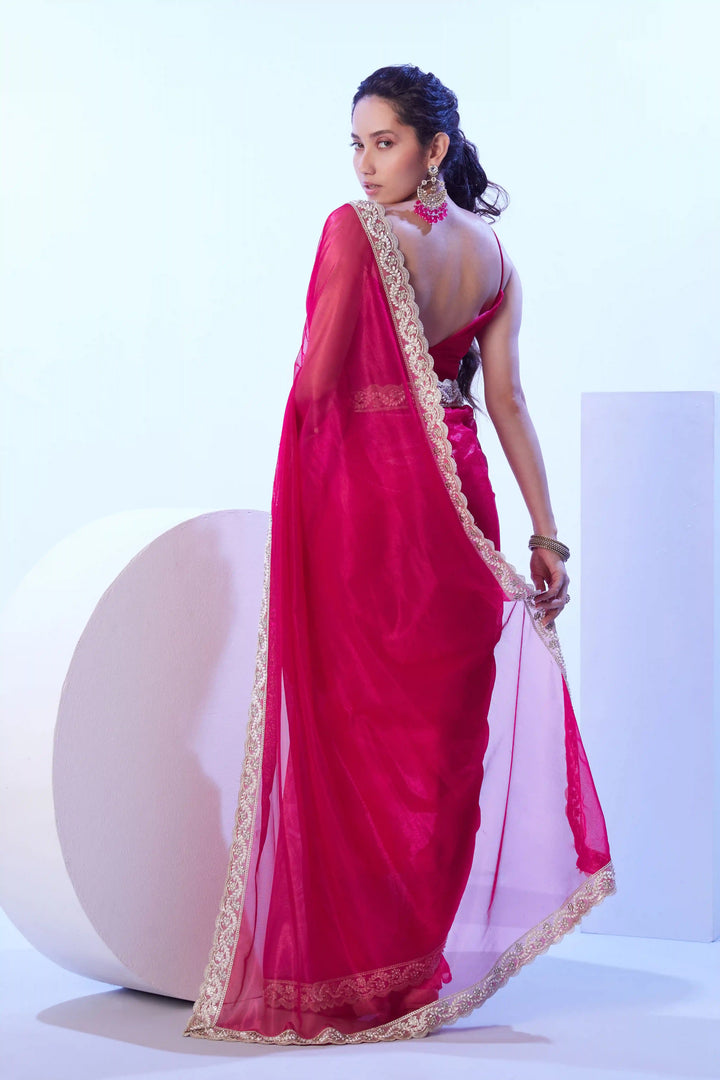 Elegant Rani Pink Saree | C/H Net & Art Silk Lace & Solid Designer Look