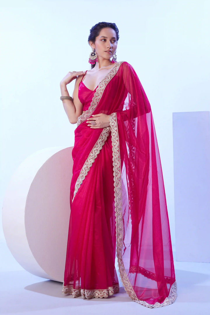 Elegant Rani Pink Saree | C/H Net & Art Silk Lace & Solid Designer Look