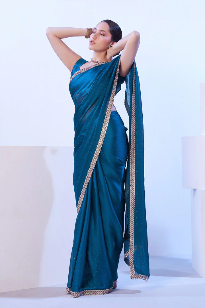 Sea Blue Satin Chiffon Saree | Elegant Party Wear with Art Silk Blouse