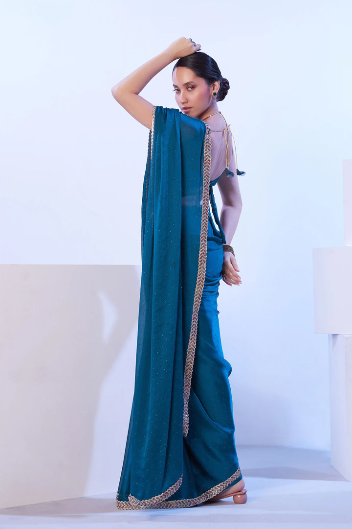 Sea Blue Satin Chiffon Saree | Elegant Party Wear with Art Silk Blouse