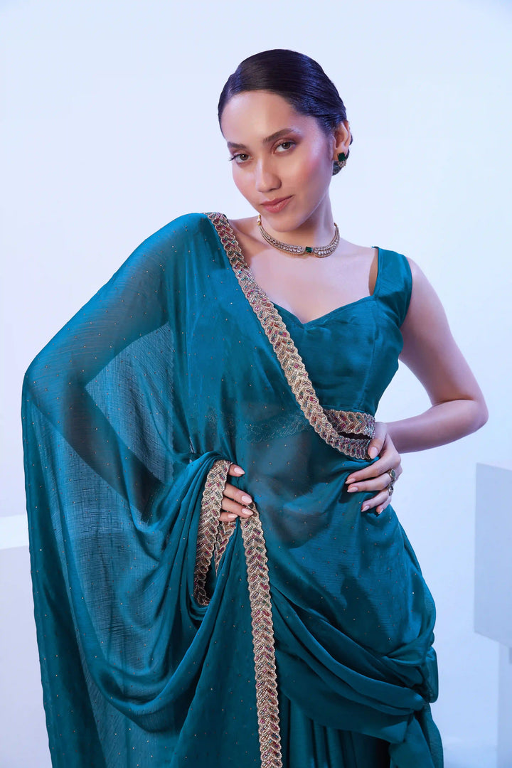 Sea Blue Satin Chiffon Saree | Elegant Party Wear with Art Silk Blouse