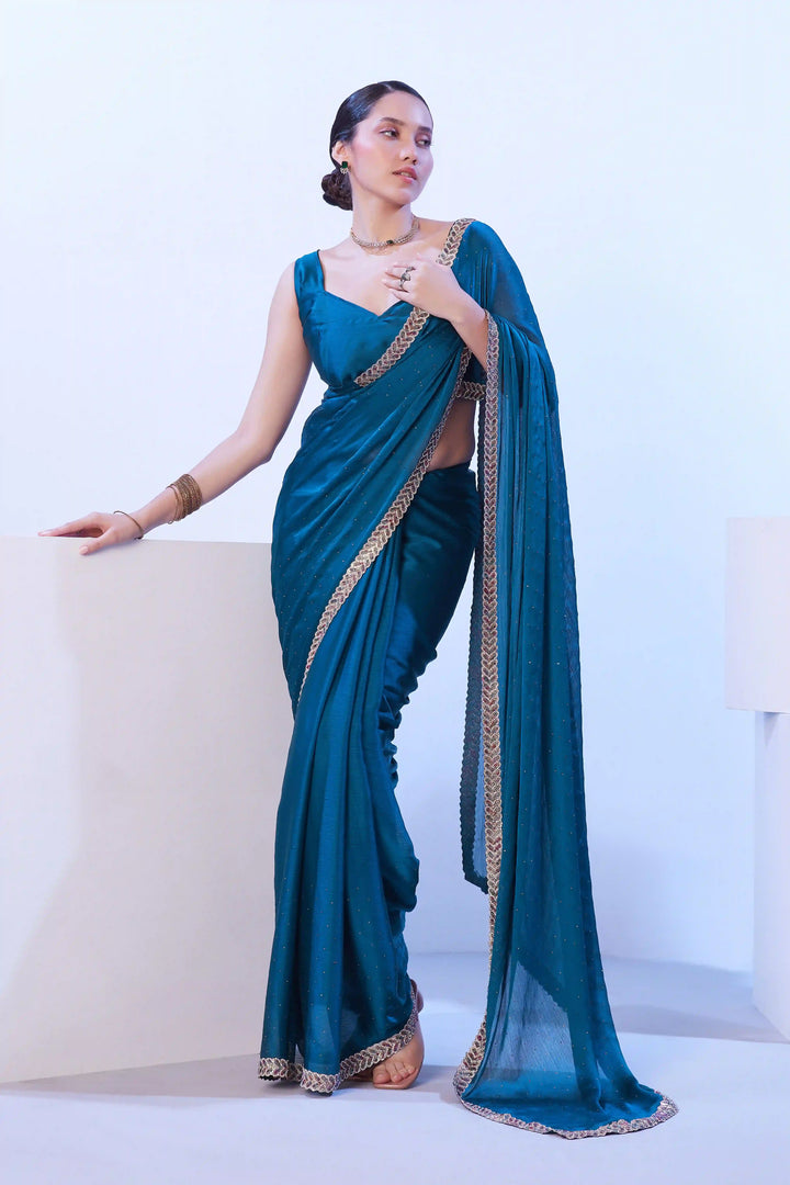 Sea Blue Satin Chiffon Saree | Elegant Party Wear with Art Silk Blouse