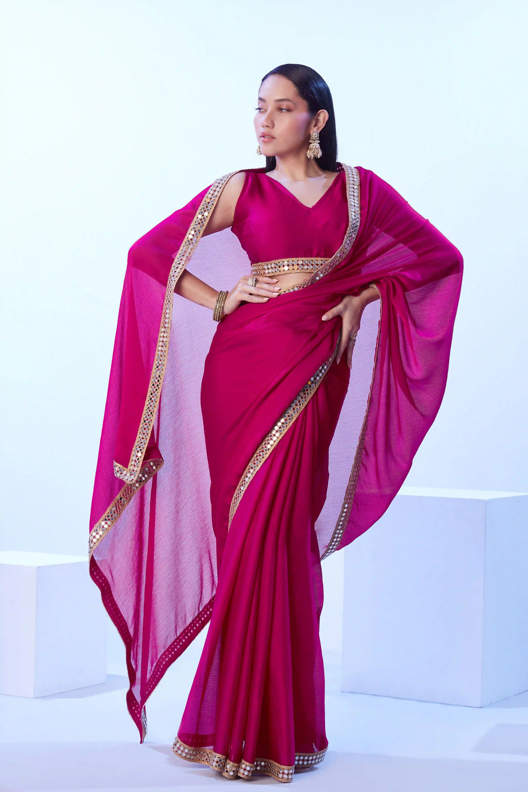 Solid Rani Pink Saree Satin Chiffon | Art Silk Blouse Classic Look