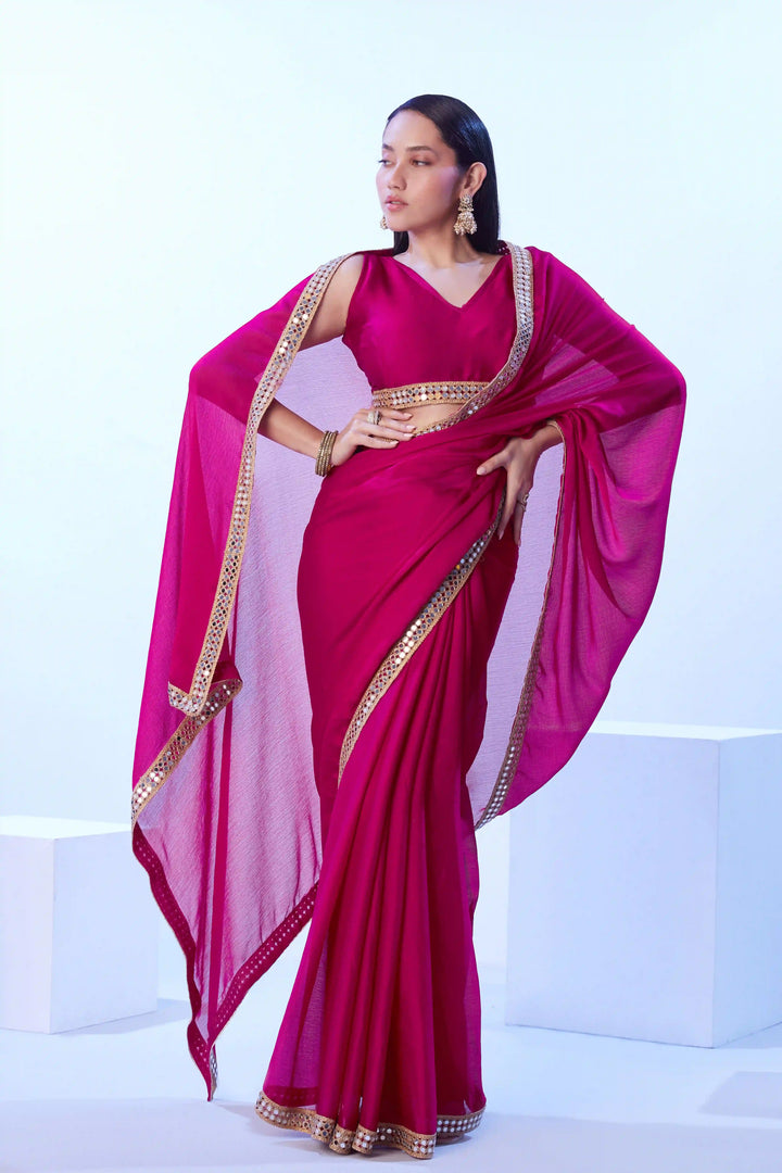 Solid Rani Pink Saree Satin Chiffon | Art Silk Blouse Classic Look