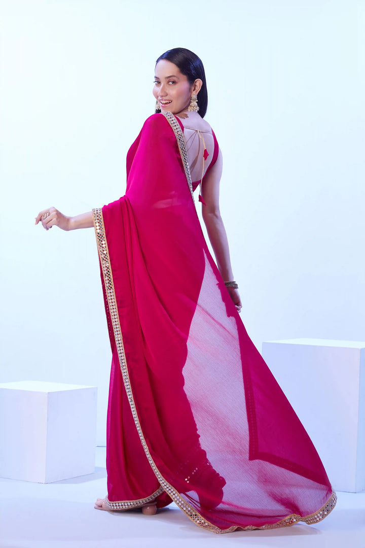 Solid Rani Pink Saree Satin Chiffon | Art Silk Blouse Classic Look