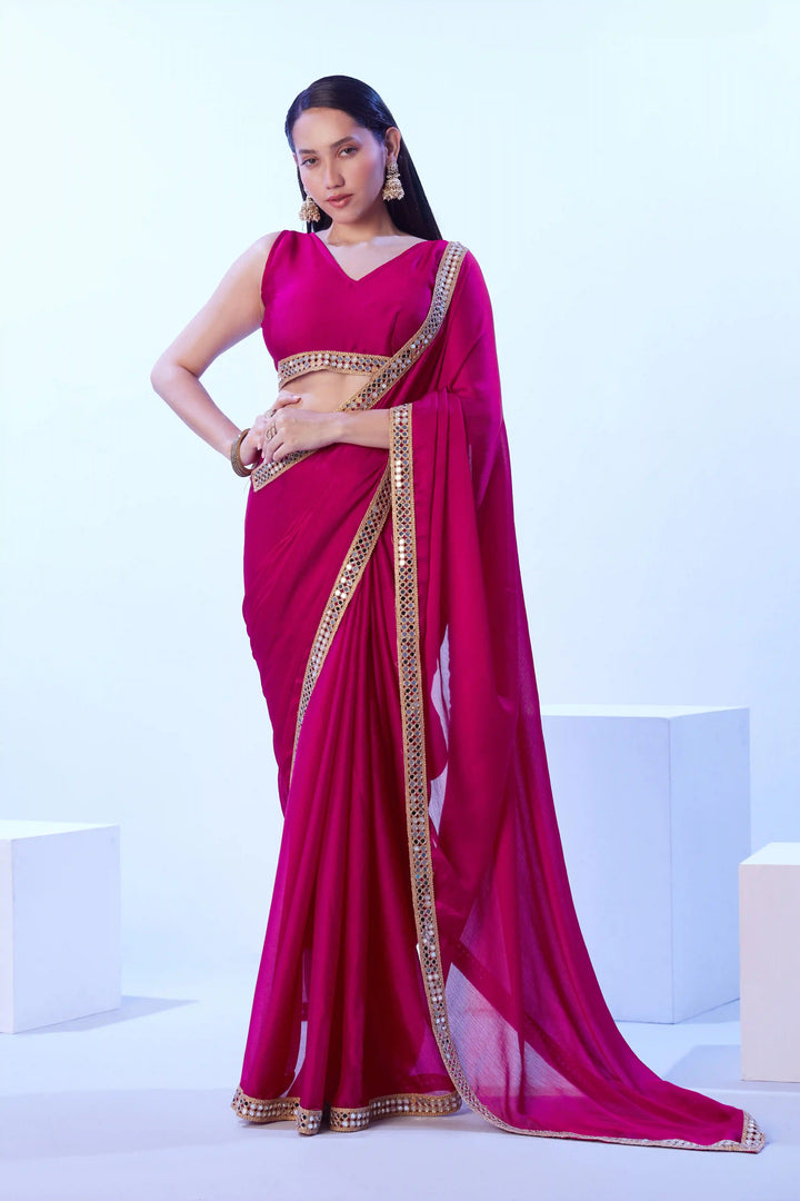 Solid Rani Pink Saree Satin Chiffon | Art Silk Blouse Classic Look