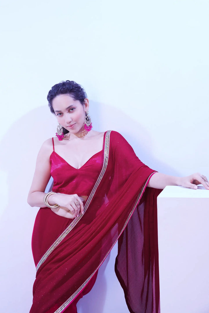 Stylish Bright Pink Saree Satin Moss Fabric | Lace Work Design for Party Wear