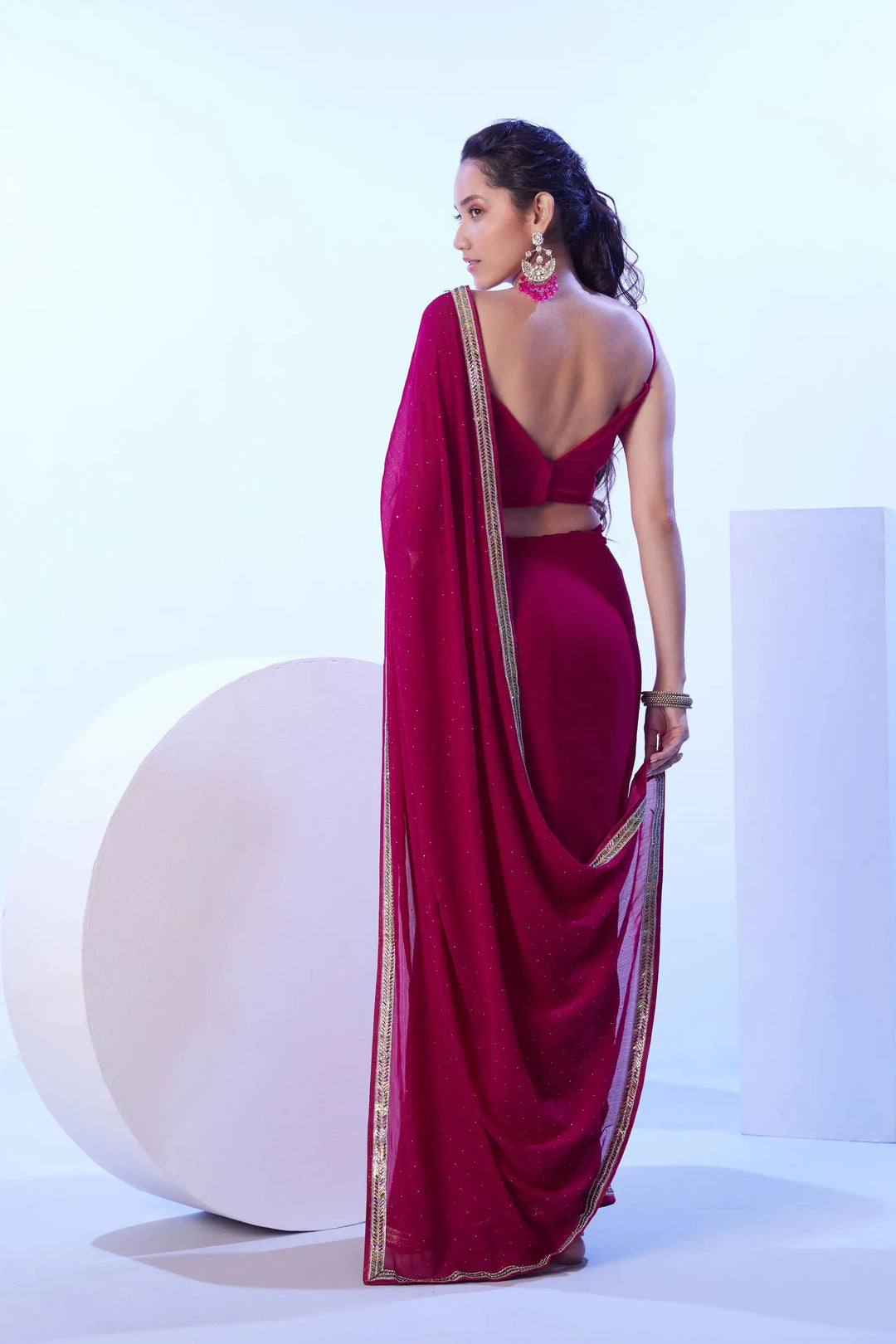 Stylish Bright Pink Saree Satin Moss Fabric | Lace Work Design for Party Wear