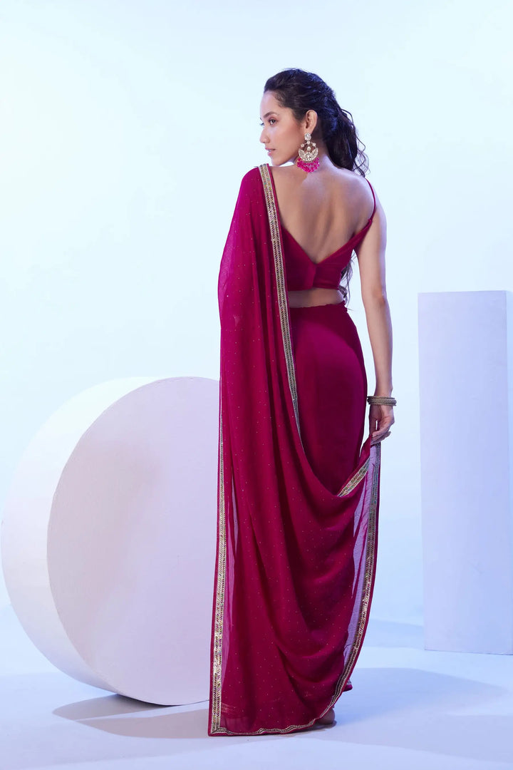 Stylish Bright Pink Saree Satin Moss Fabric | Lace Work Design for Party Wear