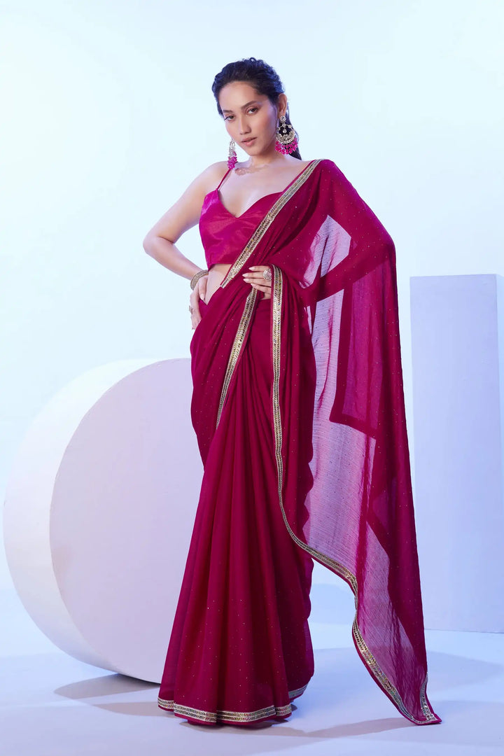 Stylish Bright Pink Saree Satin Moss Fabric | Lace Work Design for Party Wear