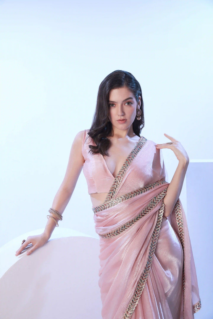 Fancy Baby Pink Lace Work Saree | Burberry Fabric Wedding & Festive Look