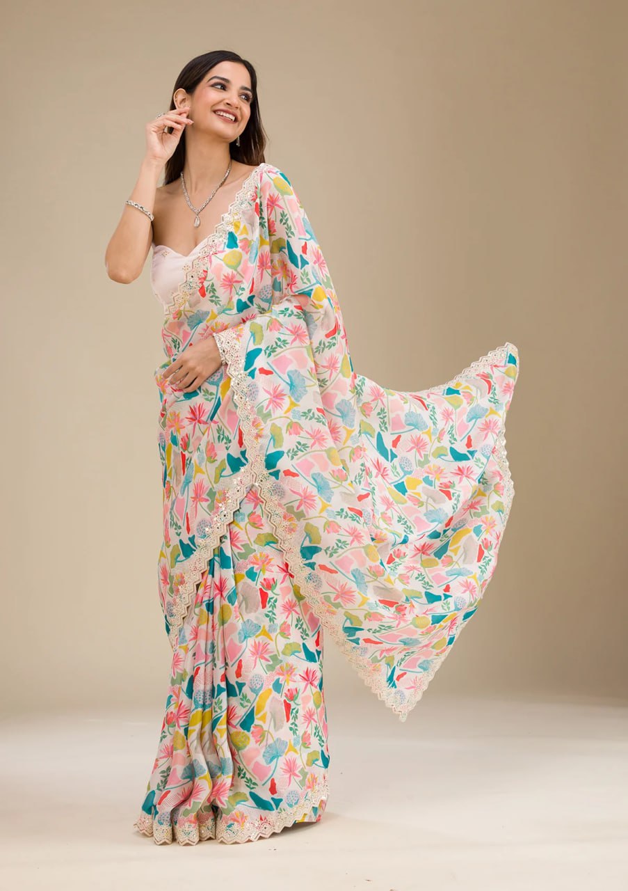 Designer Georgette Saree | Digital Print & Embroidery Perfect for Party Wear