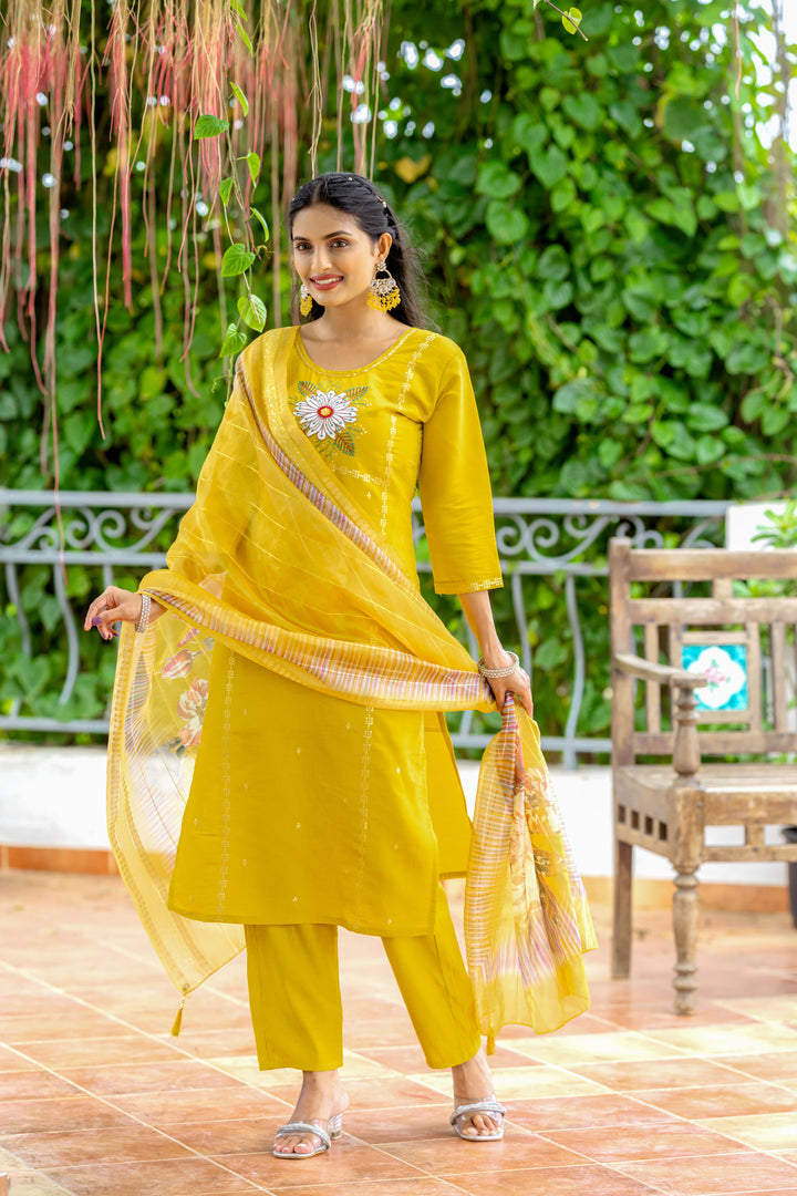Mustard Yellow Suit Modal Silk Fabric | Embroidery & Print Work for Haldi