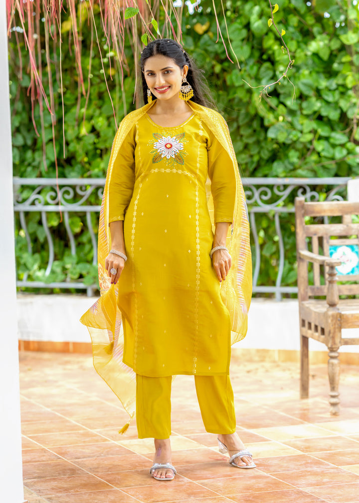 Mustard Yellow Suit Modal Silk Fabric | Embroidery & Print Work for Haldi