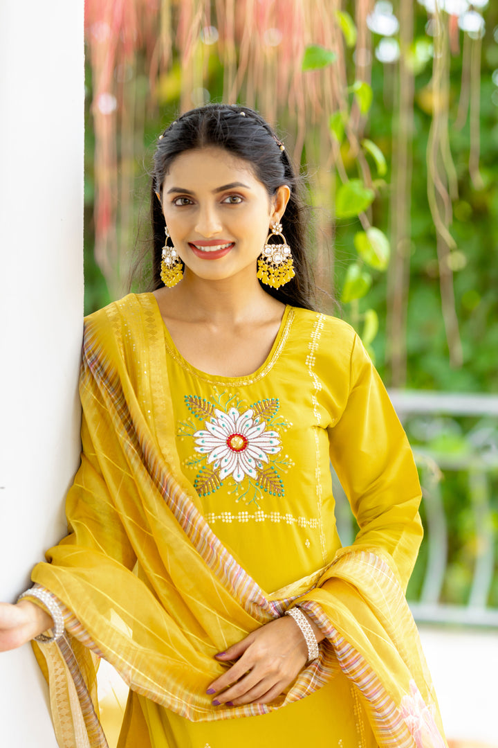 Mustard Yellow Suit Modal Silk Fabric | Embroidery & Print Work for Haldi