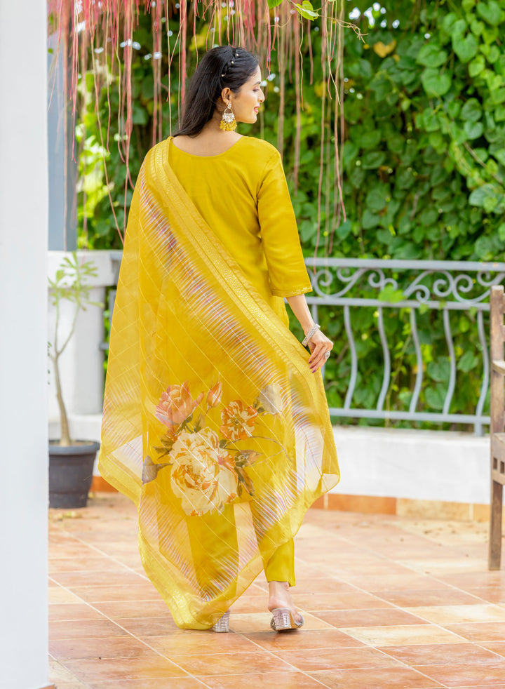 Mustard Yellow Suit Modal Silk Fabric | Embroidery & Print Work for Haldi