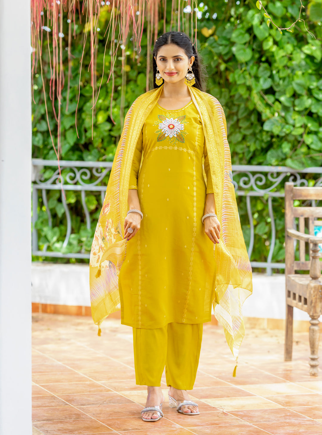 Mustard Yellow Suit Modal Silk Fabric | Embroidery & Print Work for Haldi