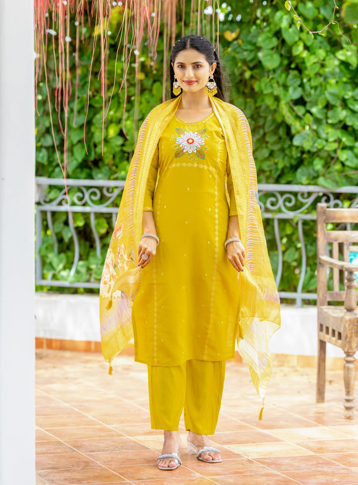 Mustard Yellow Suit Modal Silk Fabric | Embroidery & Print Work for Haldi