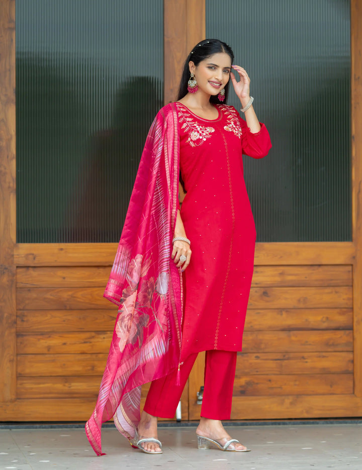 Rani Pink Salwar Suit | Modal Silk Embroidery & Digital Print Party Wear