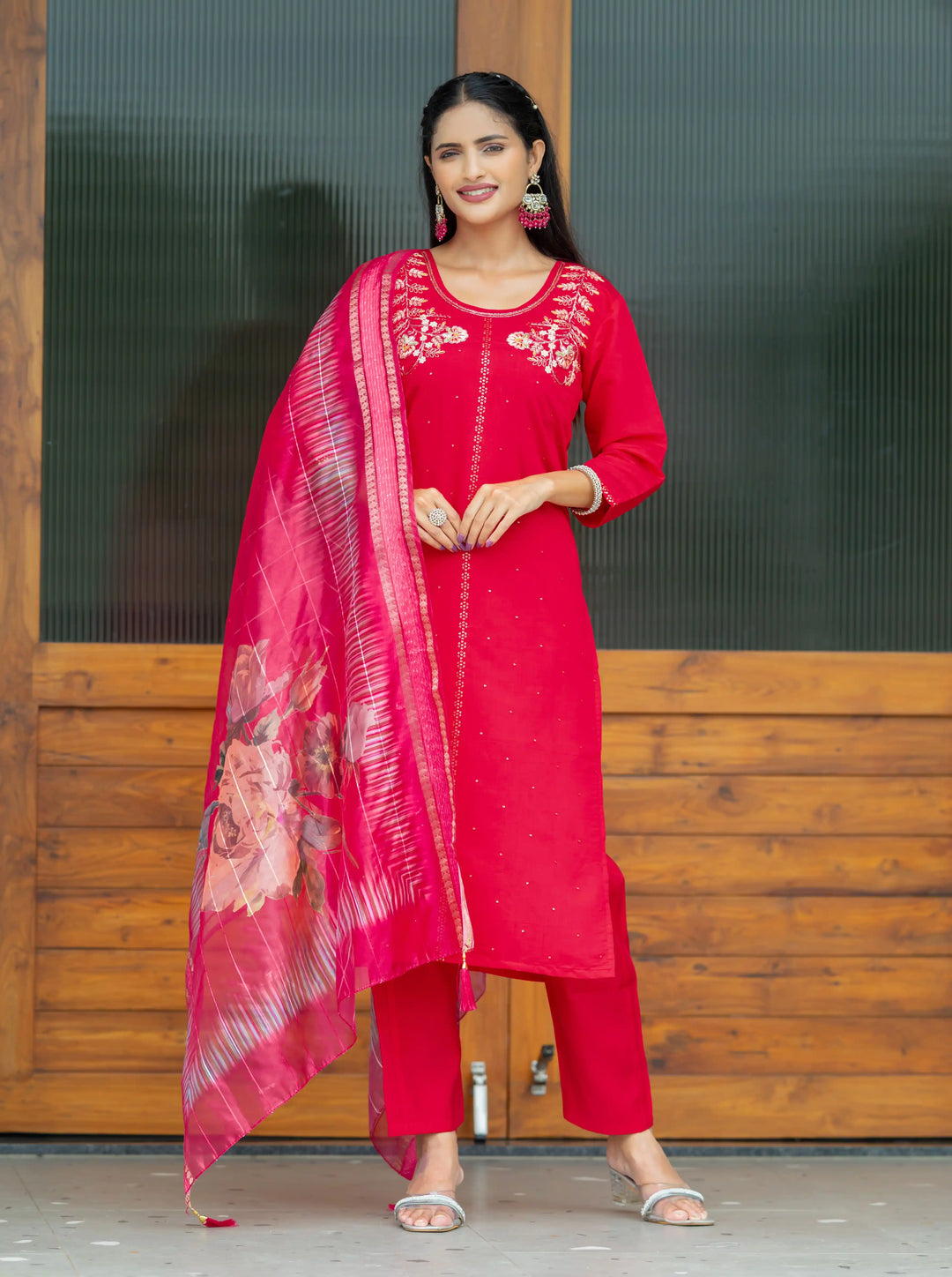 Rani Pink Salwar Suit | Modal Silk Embroidery & Digital Print Party Wear