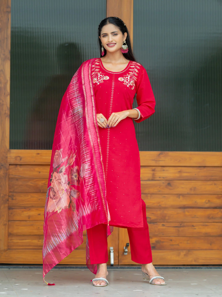 Rani Pink Salwar Suit | Modal Silk Embroidery & Digital Print Party Wear