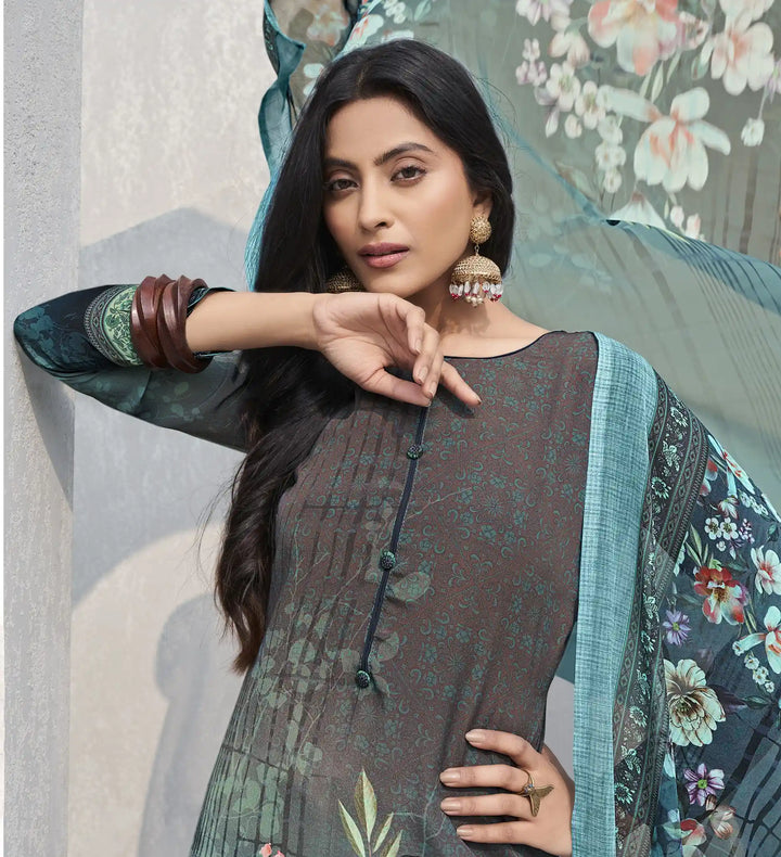 Modern Gray Crepe Suit | Digital Printed Design & Stylish Georgette Dupatta
